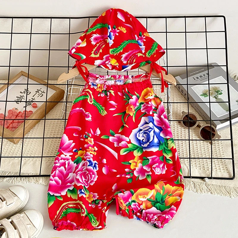 婴儿东北大花吊带短爬1105