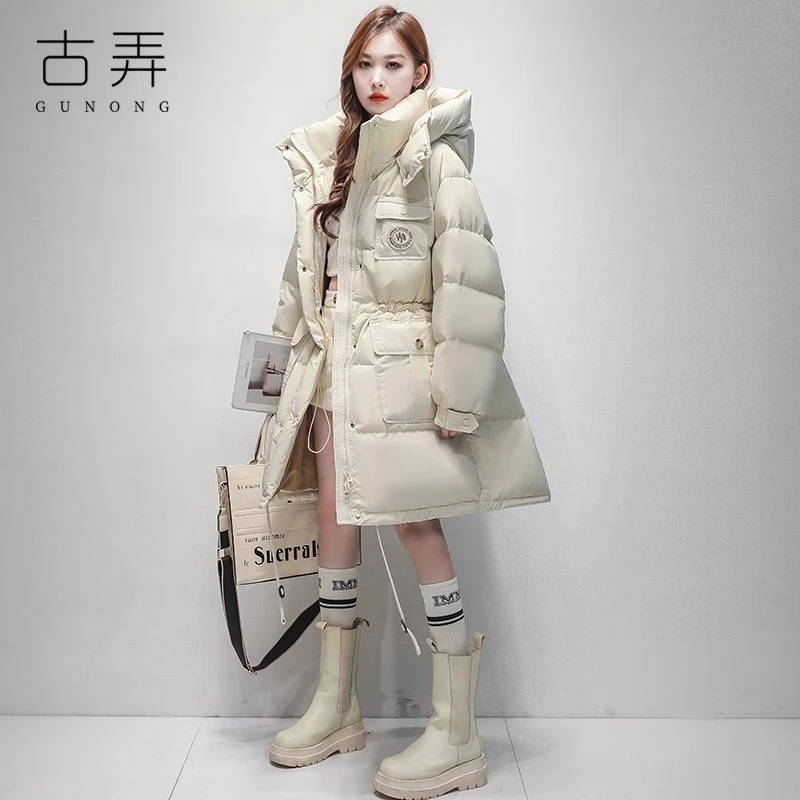 古弄高品质原创设计感羽绒服女中长款冬季收腰加厚工装派克服外套
