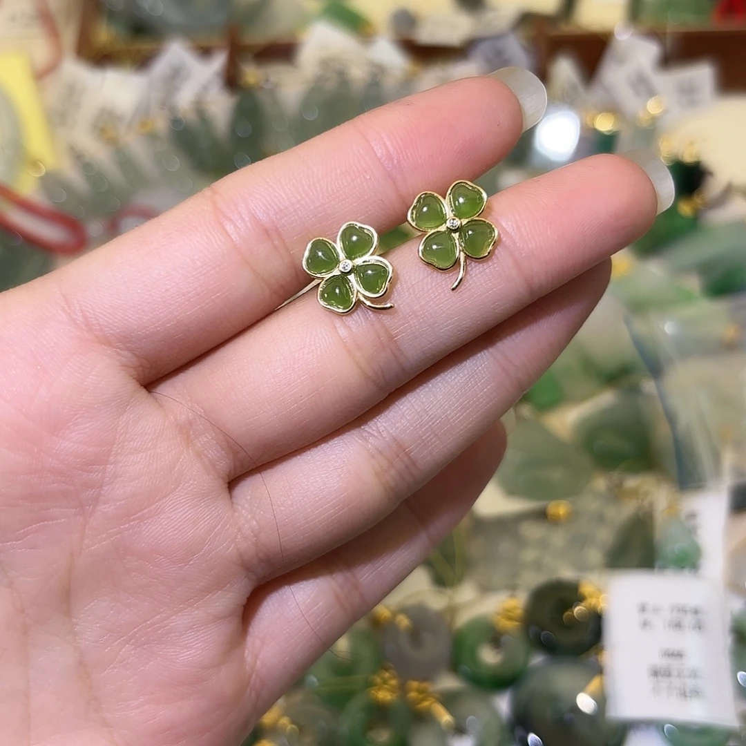 和田玉银S925镶嵌耳饰四叶草