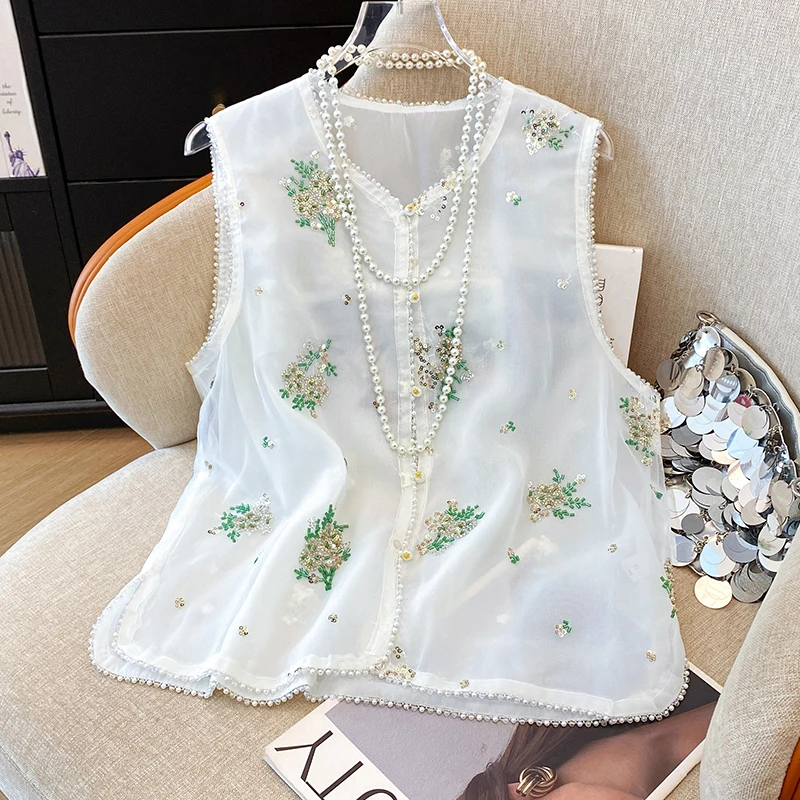 新中式国风无袖衬衫重工钉珠刺绣气质马甲背心2025夏季轻薄上衣女