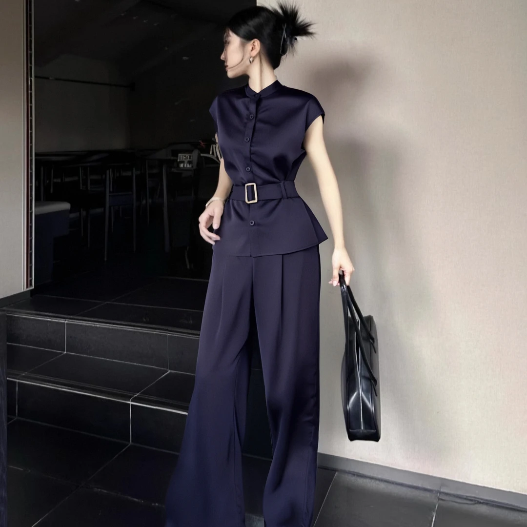 C通勤套装清爽袖慵懒风短衬衫+高腰休闲气质阔腿裤时尚轻奢D1671