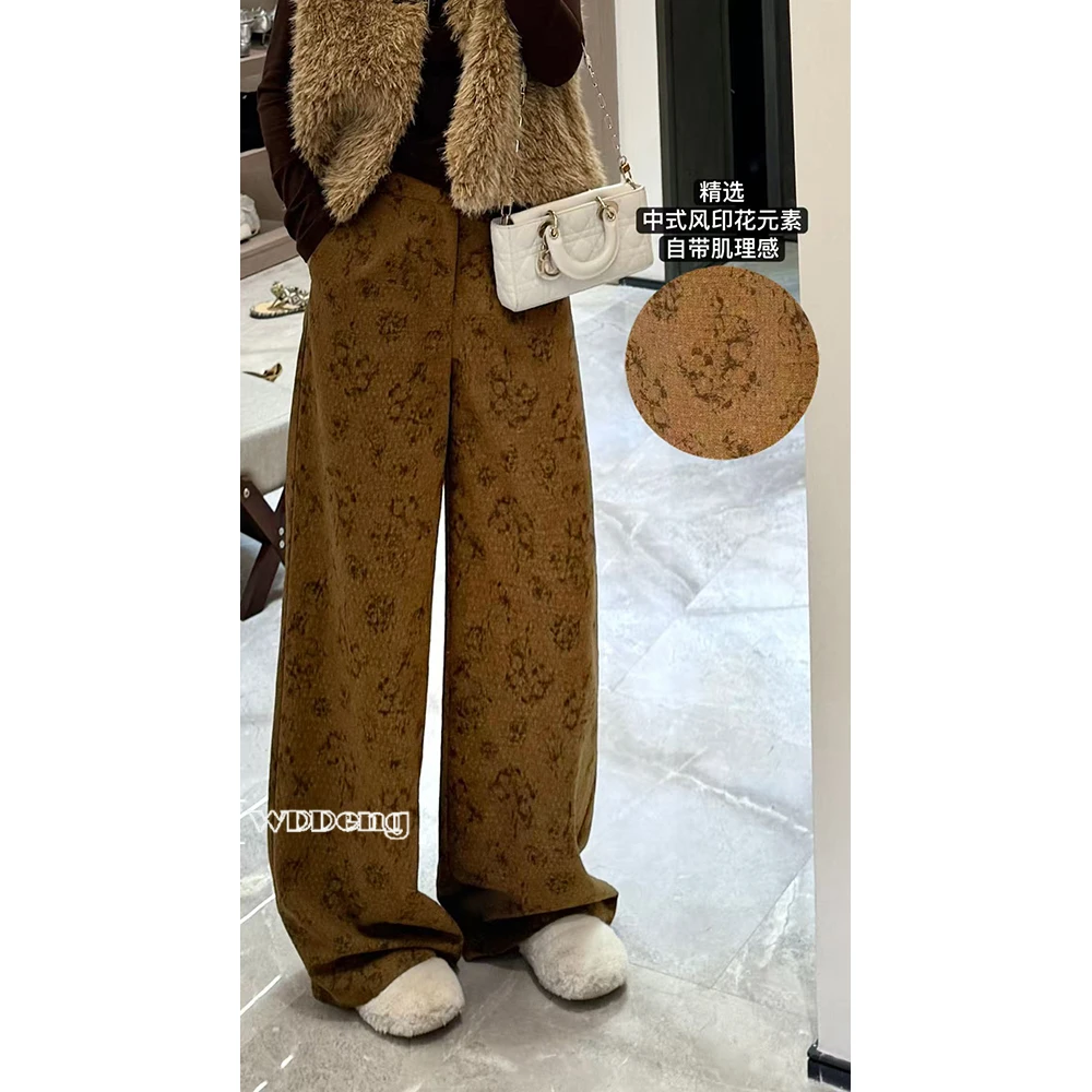 现货款王等等【檀香月】秋冬中式风高弹立裁直筒印花长裤U225K16546