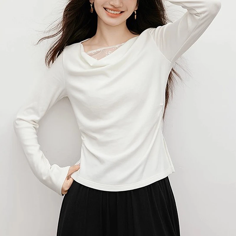 蕾丝拼接不对称拼接开叉荡领上衣HX（剪标默认微瑕）