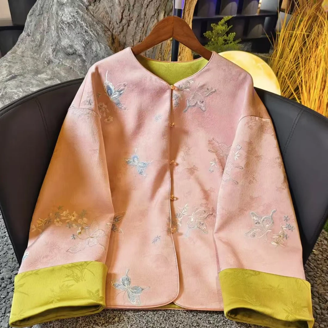 【蝶韵】双面双穿春季新中式上衣宽松国风绣花圆领女装气质外套