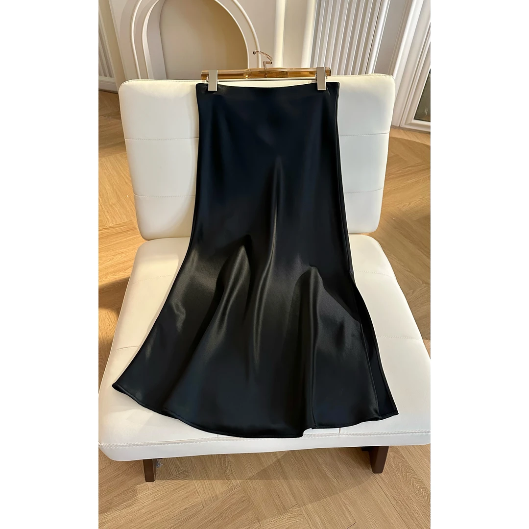 【醋酸黑裙】2025夏季气质高级感高腰坠感醋酸缎面半身裙MF-1757