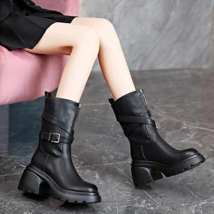 百搭英伦风粗跟厚底加绒内增高真皮秋冬季高跟女靴马丁靴女鞋中筒