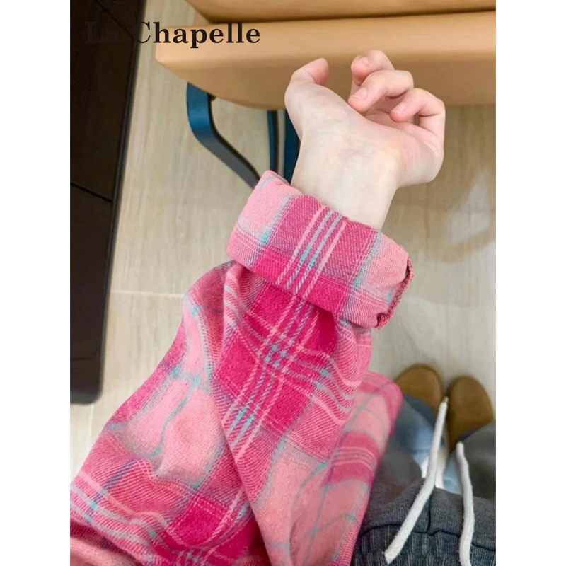 拉夏贝尔美式粉色格子衬衫女秋季2025年新款宽松显瘦休闲气质衬衣