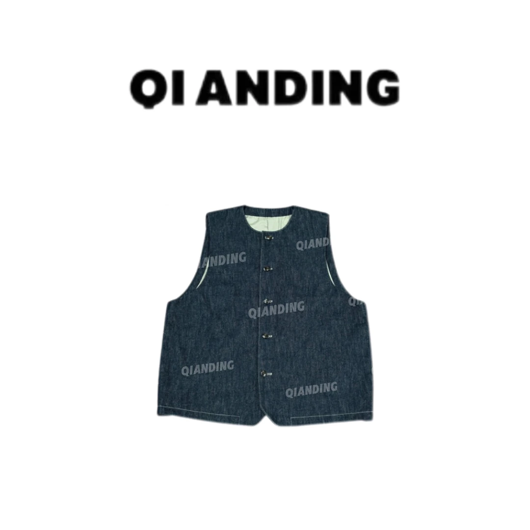 【QIANDING】复古原牛大马甲休闲牛仔上衣A25228