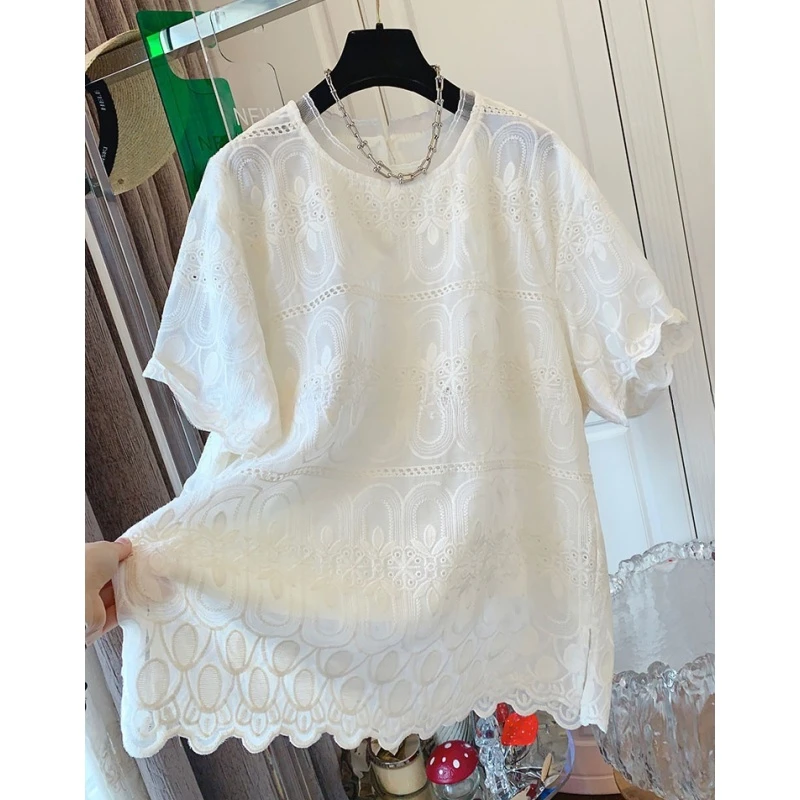 高级感法式气质刺绣蕾丝衫短袖T恤衬衫宽松时尚上衣女装夏季新款