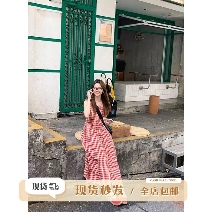 【现货】陳文文【樱桃桔梗】夏红格子收腰显瘦海边度假连衣裙2L4719