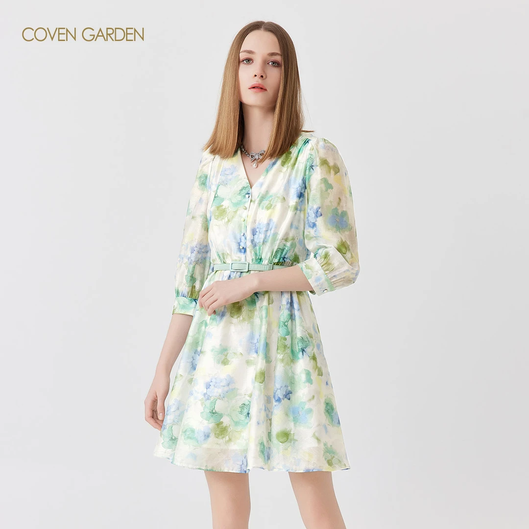 【媛媛女王专享】哥文花园清雅水墨印花收腰连衣裙通勤CLA1085430