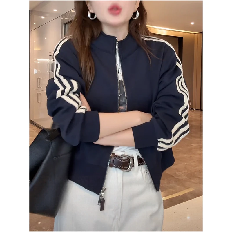 美式拼色三条杠外套女2025秋季新款运动风开衫外搭超好看夹克上衣