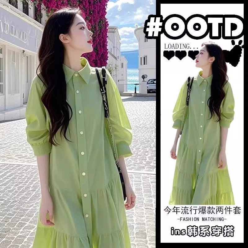 2025春季多巴胺穿搭独特漂亮高级感小香风绿色荷叶边衬衫连衣裙女