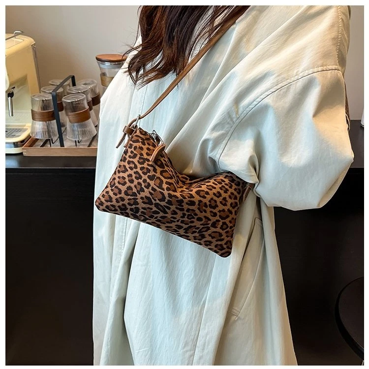 七夕节双肩带拉链托特包法式豹纹方形肩包横版斜挎包单肩豹纹潮流