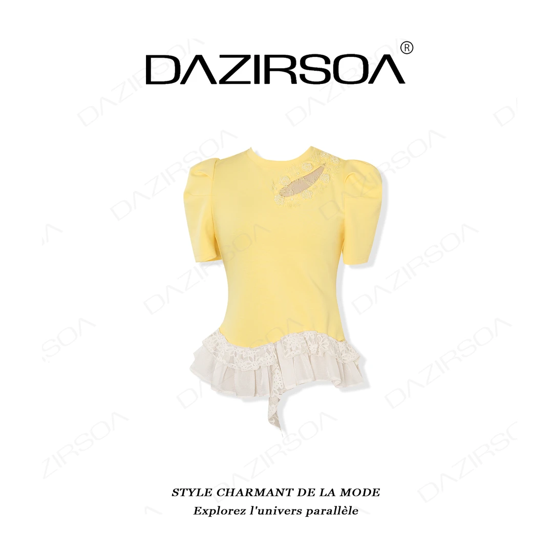 “热恋岛屿”个性镂空下摆蕾丝花边短袖上衣 X721