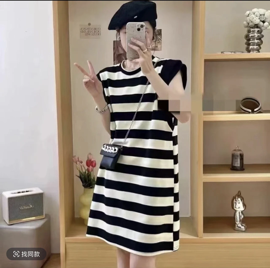 高弹力中套头夏季少女风连衣裙时尚韩版大码撞色百搭夏装