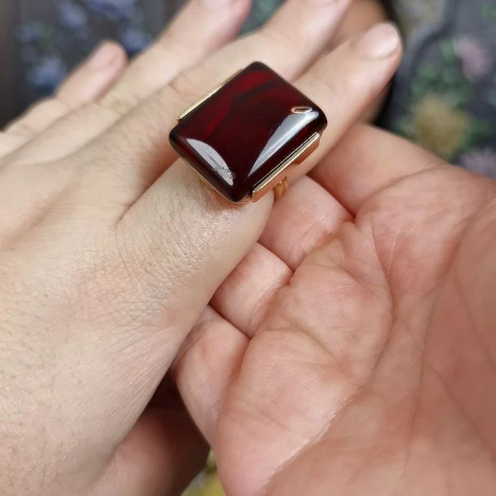 琥珀戒指银S925镀金镶嵌