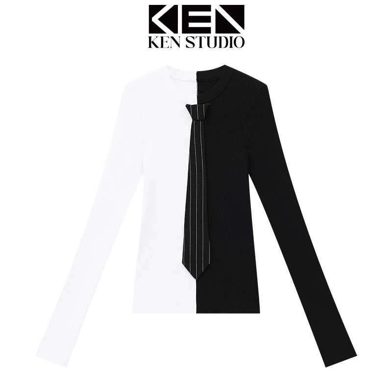 KEN STUDIO秋季新款领带装饰长袖针织衫女修身显瘦微弹内搭上衣潮