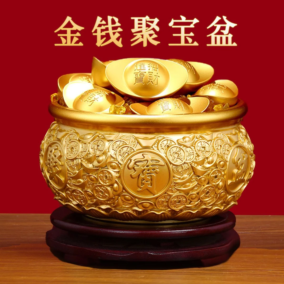 【百汇坊】全黄铜钱币聚宝盆实心纯黄铜聚宝盆家居办公室乔迁铜摆件