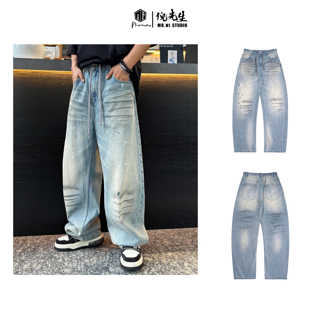 MR.NI/倪先生「3D泼墨」典藏版时髦猫须做旧漆点泼墨弧形直筒牛仔裤