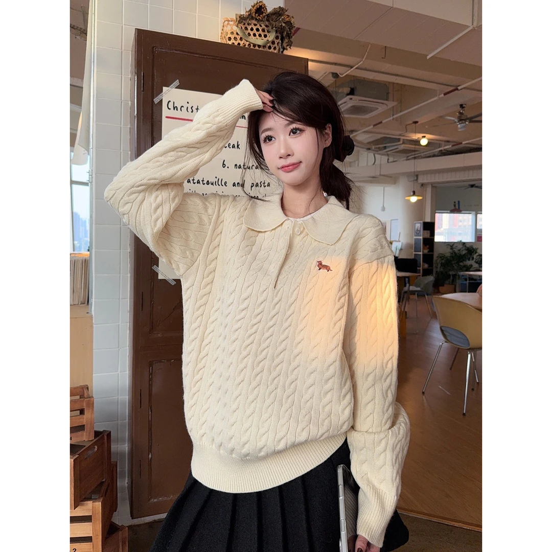 实拍2025秋冬韩版polo领刺绣宽松减龄北极绒麻花毛衣针织衫上衣