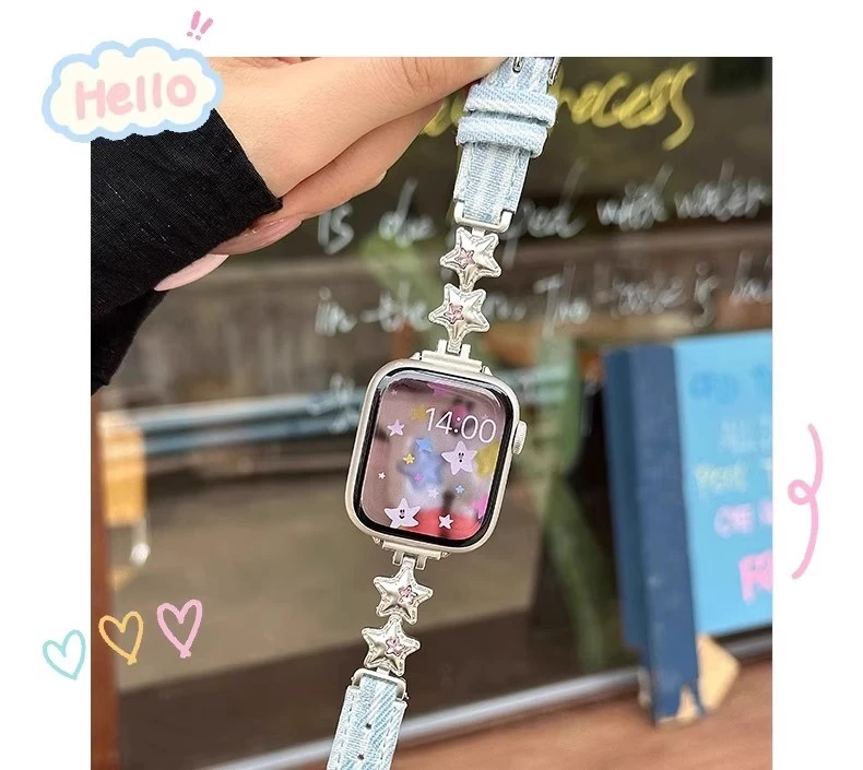 适用苹果手表S10新款镶钻星星气球iwatchS9牛仔SE腕带8高级感表带