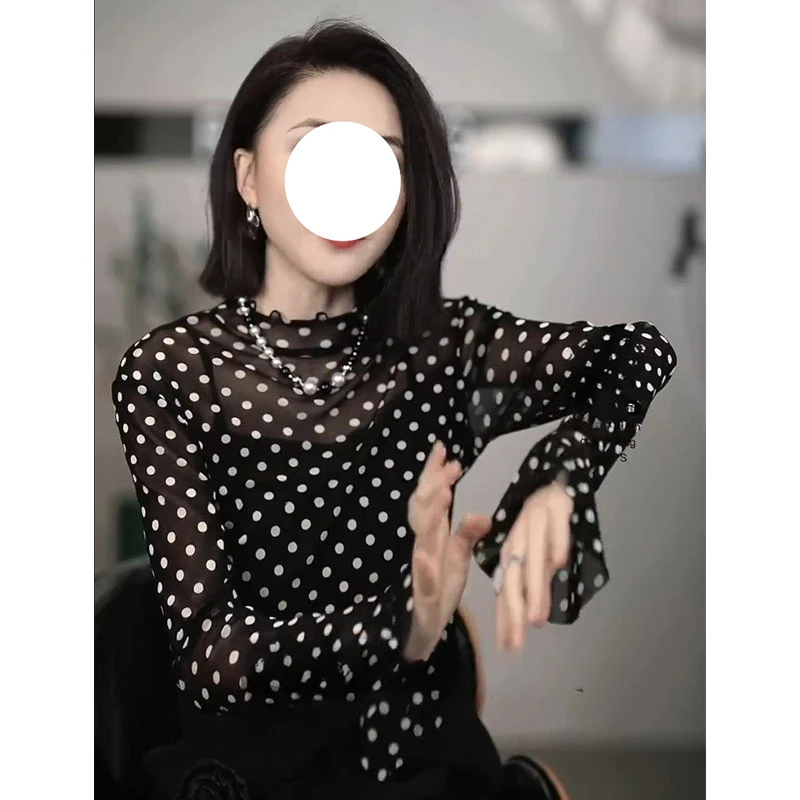 港风复古打底长袖防晒T恤女夏季2025年新款透气网纱薄款波点上衣