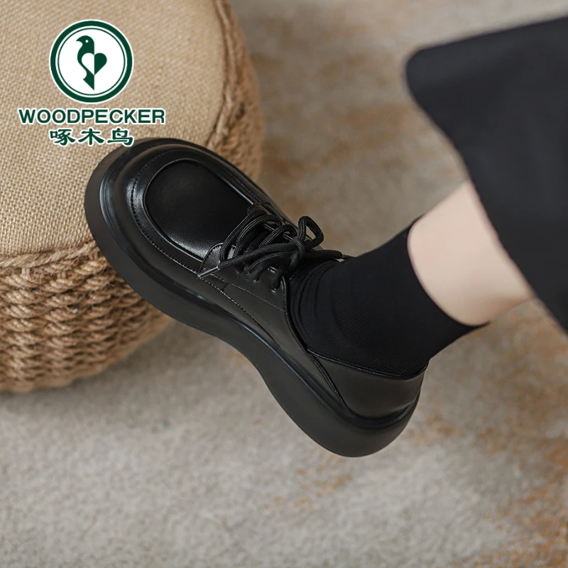 啄木鸟厚底乐福鞋女2025年春秋新款百搭学院单鞋系带英伦风小皮鞋