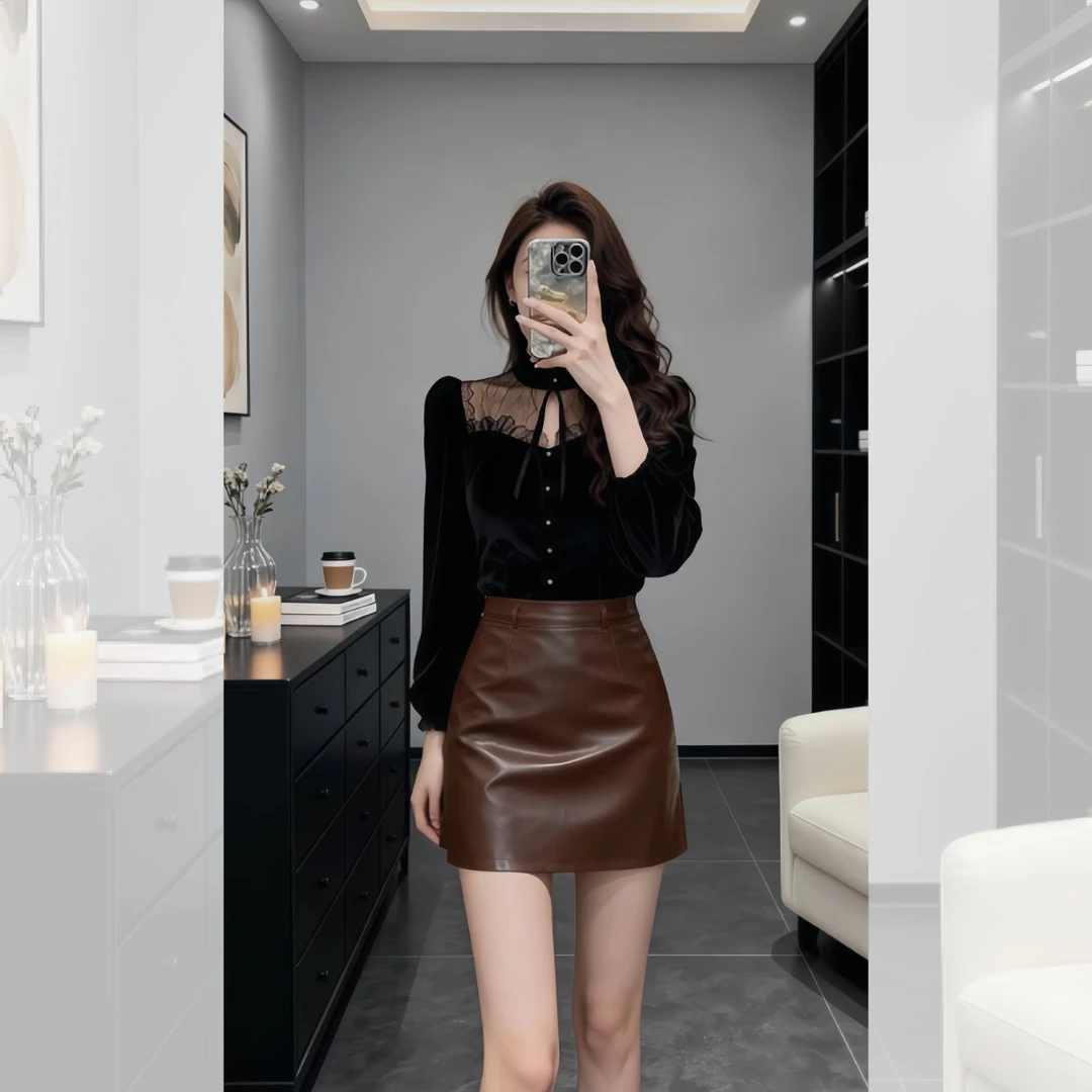 黑色蕾丝拼接丝绒上衣女装2025冬季轻熟气质名媛独特漂亮叠穿衬衣