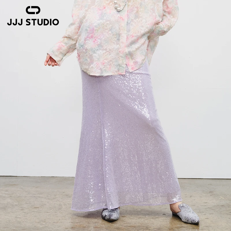 【欧若风】JJJ STUDIO 浅紫色重工亮片中长鱼尾半身裙女 JLWFR1Q161