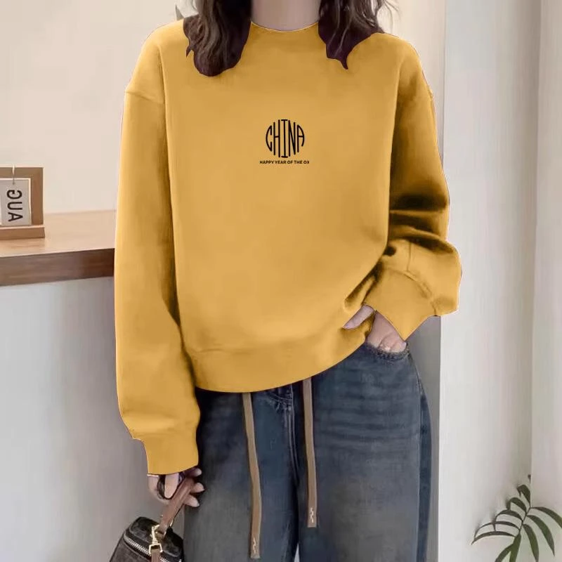 大码胖mm时尚百搭卫衣女秋冬季韩版宽松套头外套休闲圆领加绒上衣