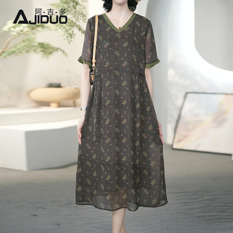 阿吉多A31962复古气质短袖连衣裙女2025新款夏日大码碎花长裙子
