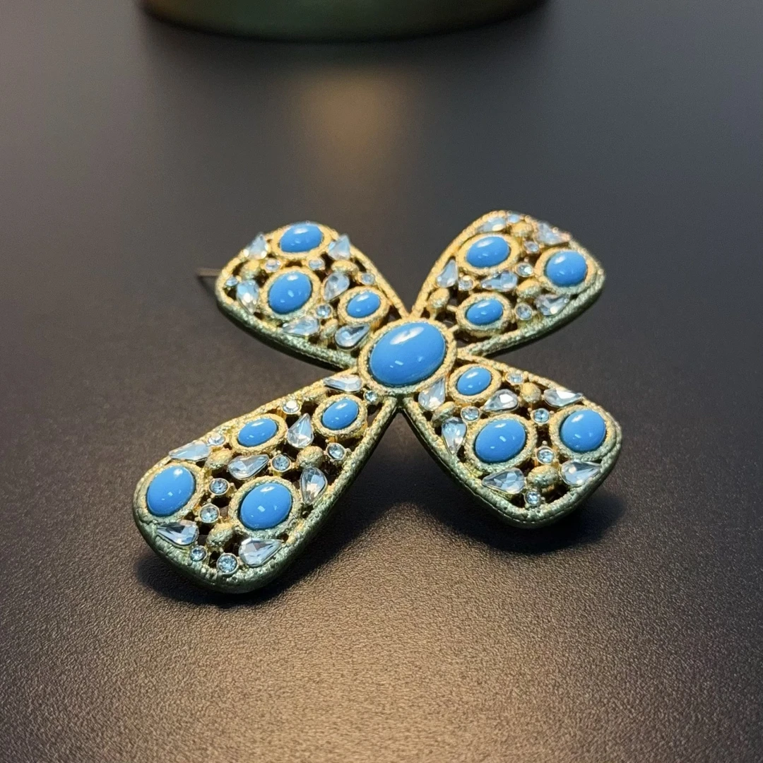 铜合金玻璃胸针 复古风蓝色十字花蝴蝶结胸花胸针PICuc 0049