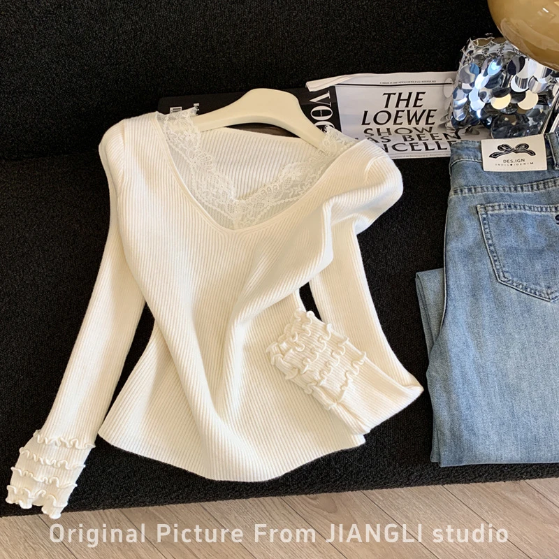 专柜撤回剪标早秋冬新款美拉德甜美风花边拼接套头长袖针织小衫女