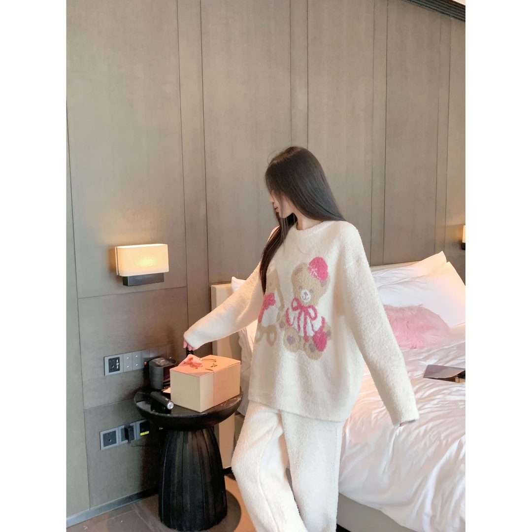 圣诞熊半边绒睡衣女冬季加厚加绒软绵绵保暖半边绒甜美冬季睡衣