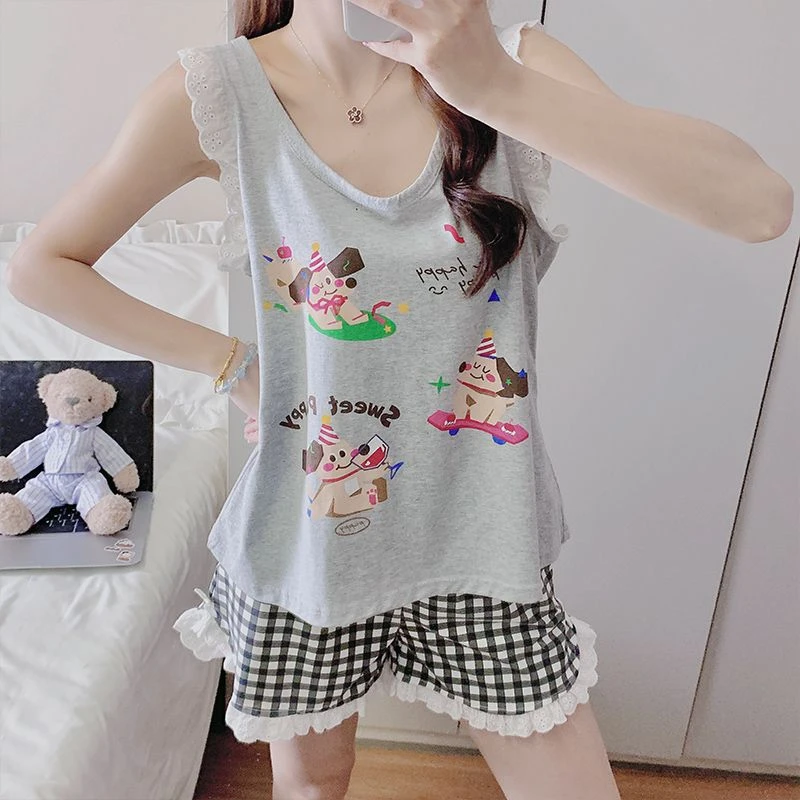腊肠狗夏季新款莫代尔带胸垫无袖蕾丝卡通可爱少女学生家居服套装