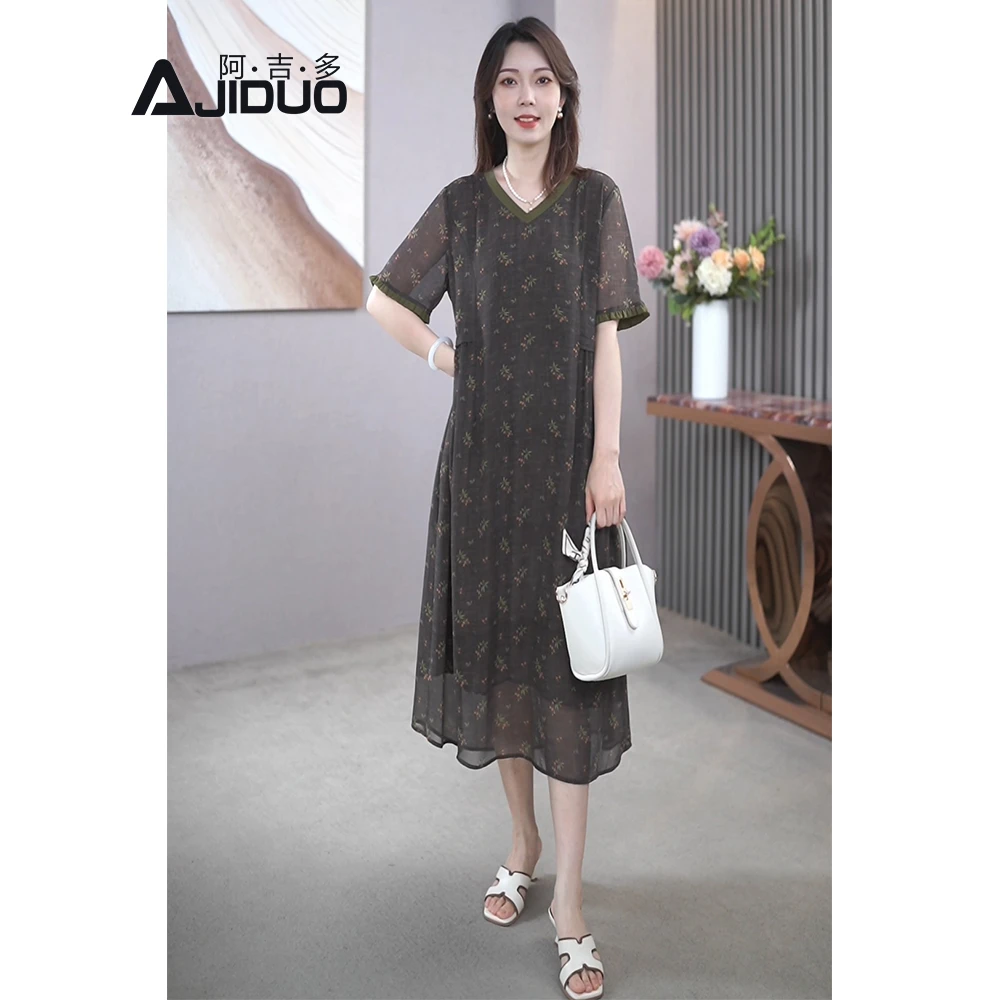 复古气质短袖连衣裙女夏季2025新款时尚优雅妈妈装大码碎花长裙