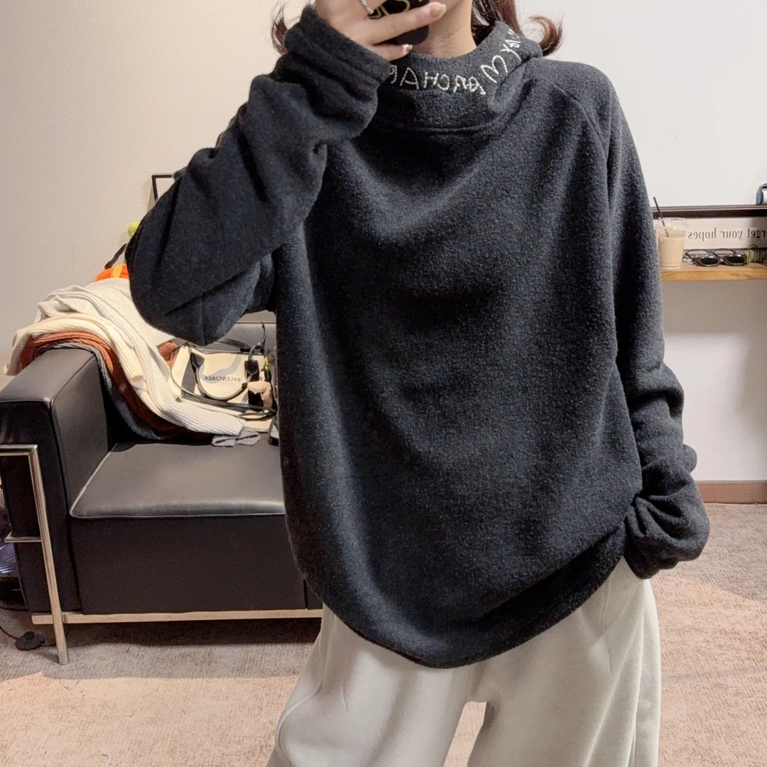 2025冬季新款半高领连帽加绒内搭T恤女领口刺绣宽松显瘦保暖百搭