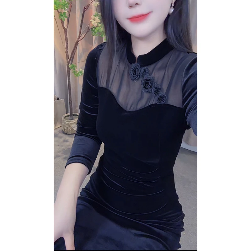 玫瑰扣复古港风中长裙旗袍名媛长袖修身小众裙子黑色气质连衣裙