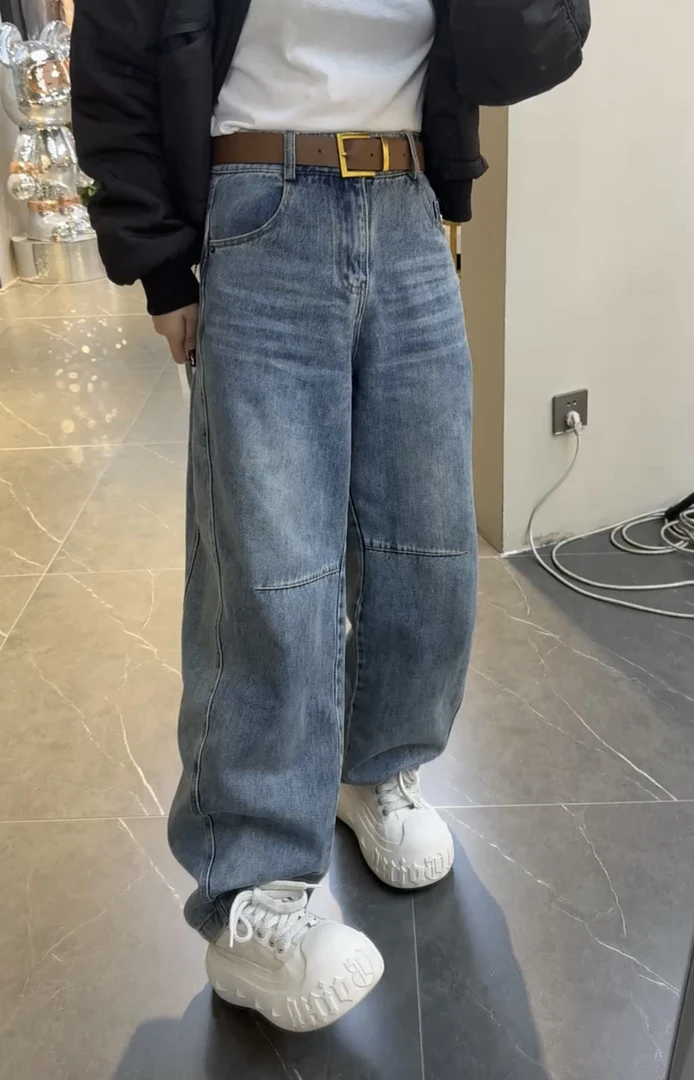 春季新款胖妹妹高腰显瘦身弹力阔腿裤蓝色复古直筒牛仔裤