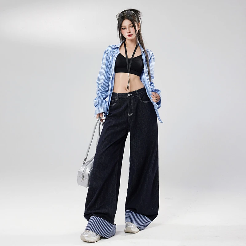 陆笙好港版复古格子拼接阔腿裤宽松牛仔裤拖地裤直筒牛仔裤
