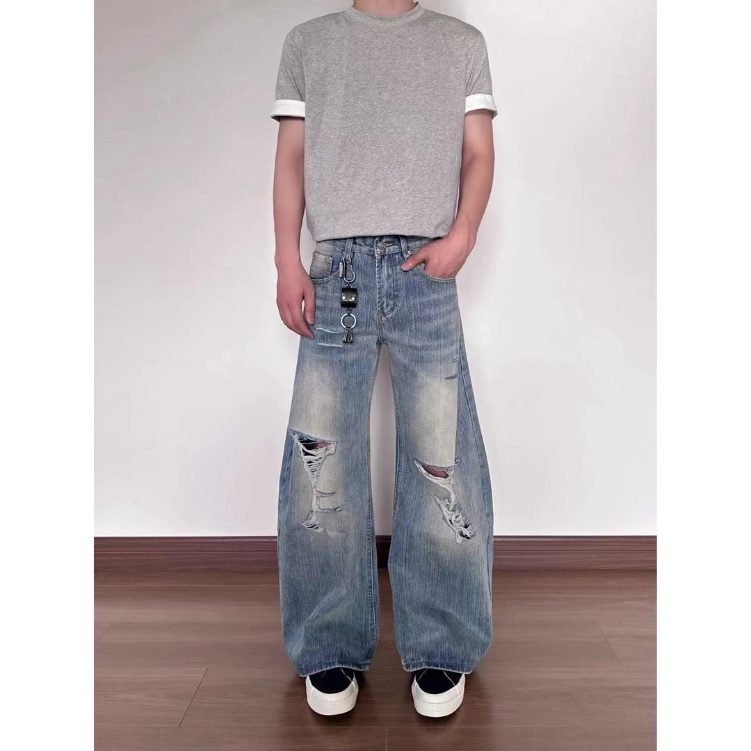 竹节纹美式复古做旧水洗破洞弯刀牛仔裤cleanfit直筒微喇帅气长裤