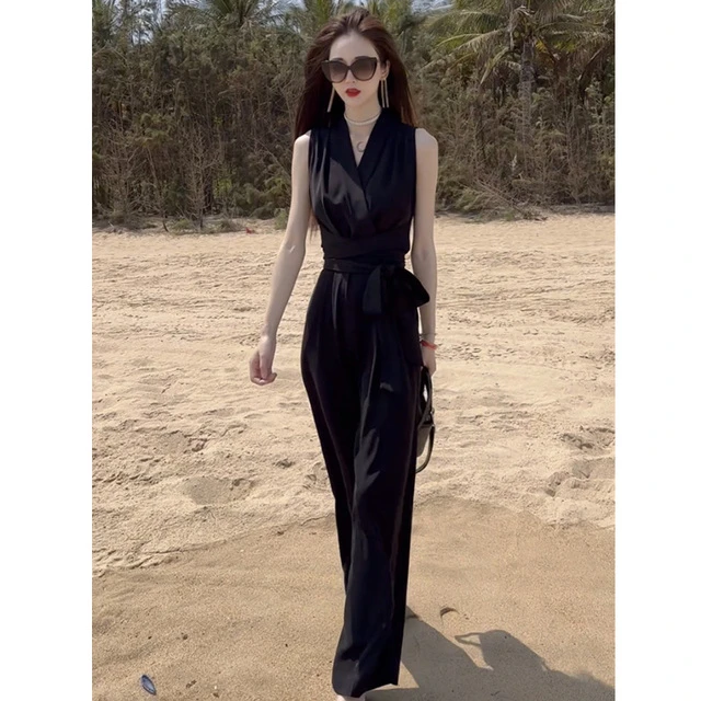 连体裤套装女夏季2025新款高级感无袖时尚休闲连衣裤气质黑色长裤