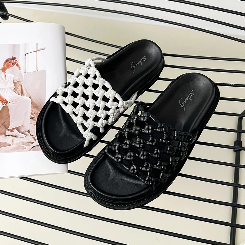 2025新款时尚百搭编织一字拖休闲圆头凉鞋