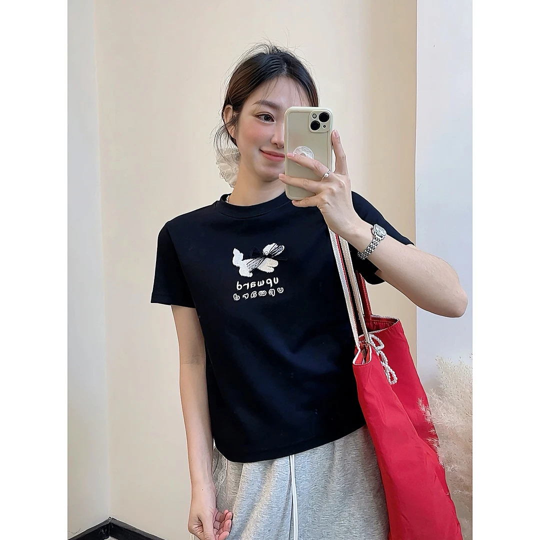 LEX-【蝴蝶结小狗】毛巾绣绣花显瘦圆领正肩百搭短袖女