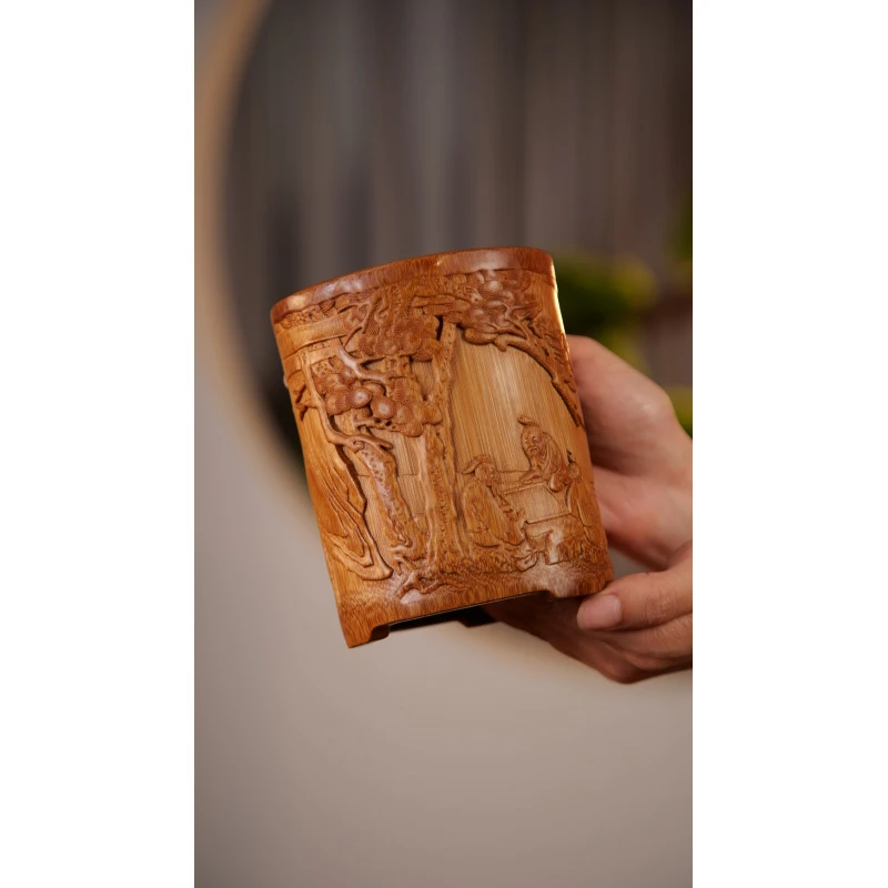 【松下对弈-笔筒】茶道六君子收纳筒人物手工雕刻竹工艺浮雕茶道筒