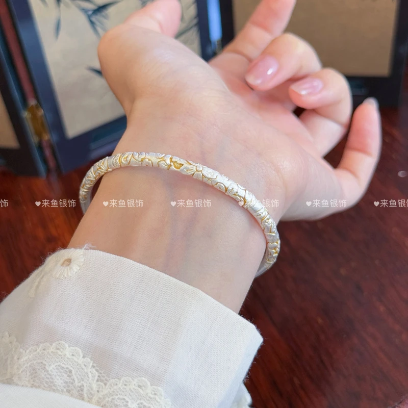 足银手镯 金樱谣•足银999.9描金樱花纹国风百搭小众开口纯银手镯