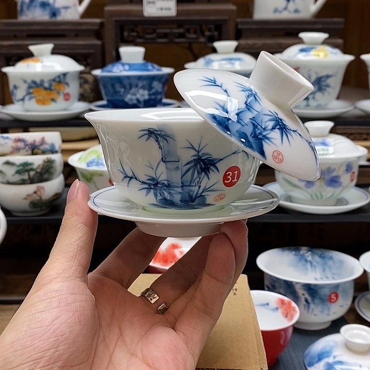 手绘竹子悬停盖碗150cc釉下彩微瑕福利款