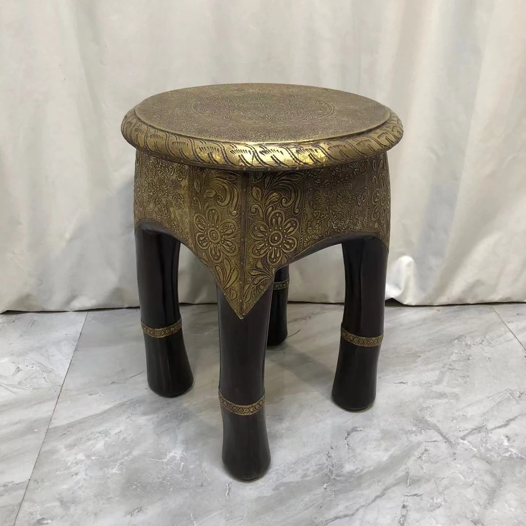 博瑞奇进口黄檀木嵌铜凳象腿四脚换鞋凳圆形客厅矮凳（09137）