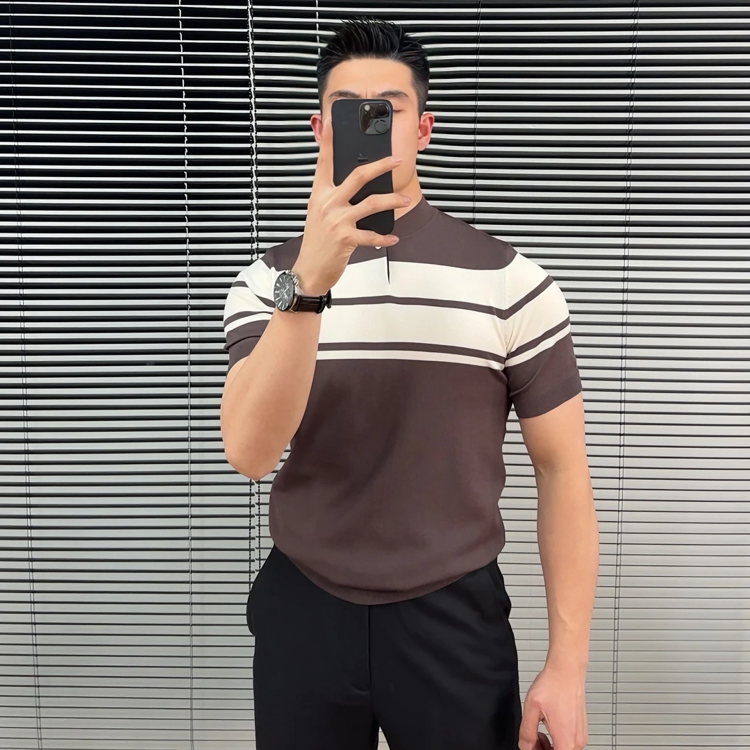 亨利领短袖针织T恤男士透气条纹中袖冰丝T恤打底衫POLO衫夏季修身